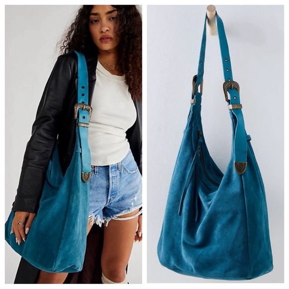 Free People Handbags - New! Free People westbound suede tote hobo bag carryall blue nwot